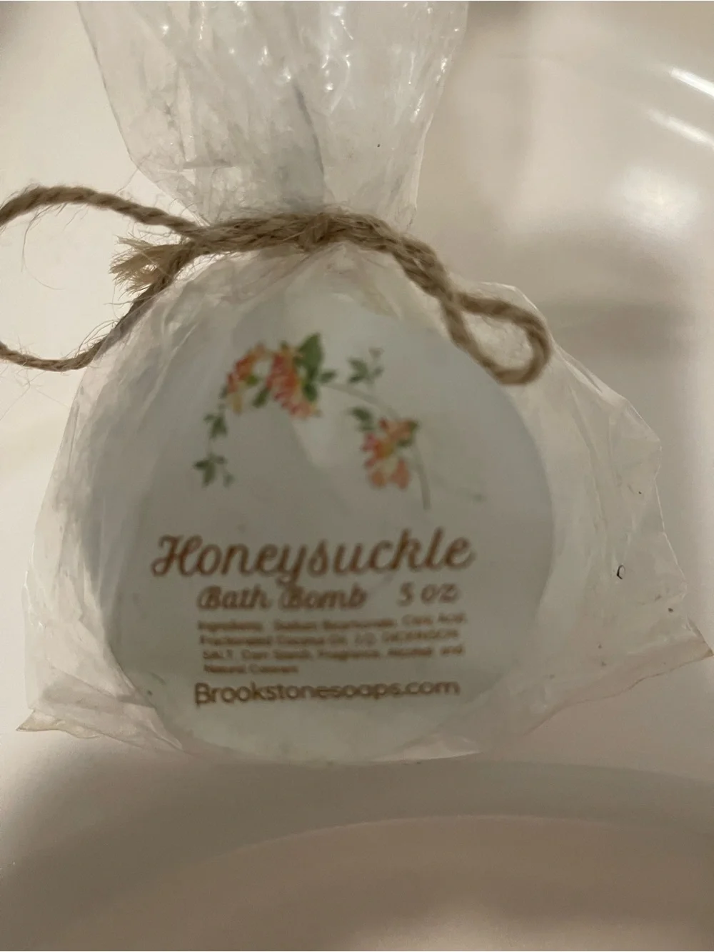 White ceramic soap dish with pink/Lavendar & New Honeysuckle Soap!